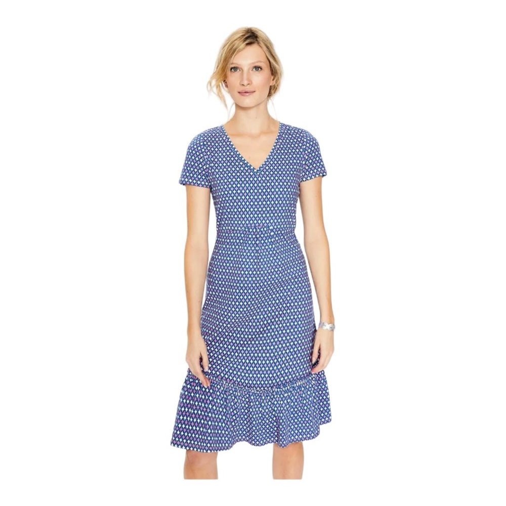 Boden Melissa Dress Print V Neck Ruffle Trim Knit Cotton Dress | Size 6 US